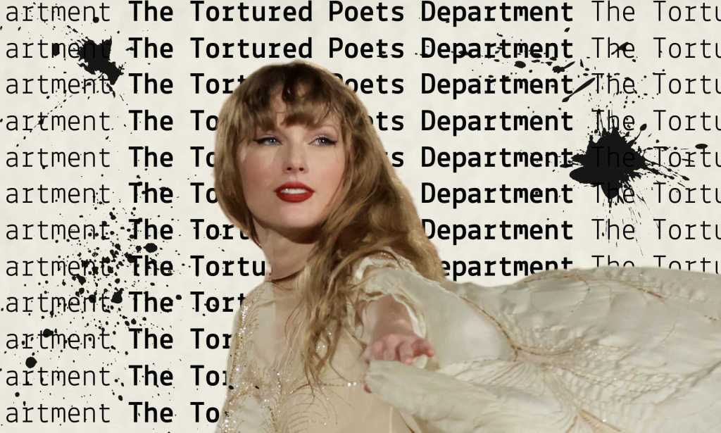 Taylor Swift against a backdrop that reads 'The Tortured Poets Department'