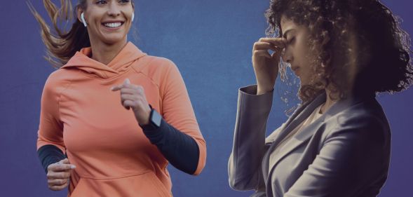 This is a collage image of two women. On the left is a woman jogging. She is wearing a peach colour top and has air pods in and is smiling. The woman on the right is wearing a grey suit and appears depressed and stressed.