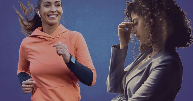 This is a collage image of two women. On the left is a woman jogging. She is wearing a peach colour top and has air pods in and is smiling. The woman on the right is wearing a grey suit and appears depressed and stressed.