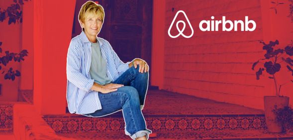 This is an image of a woman sitting on steps. She is superimposed on red background and the Airbnb logo is in white