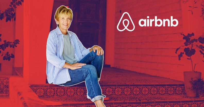 This is an image of a woman sitting on steps. She is superimposed on red background and the Airbnb logo is in white