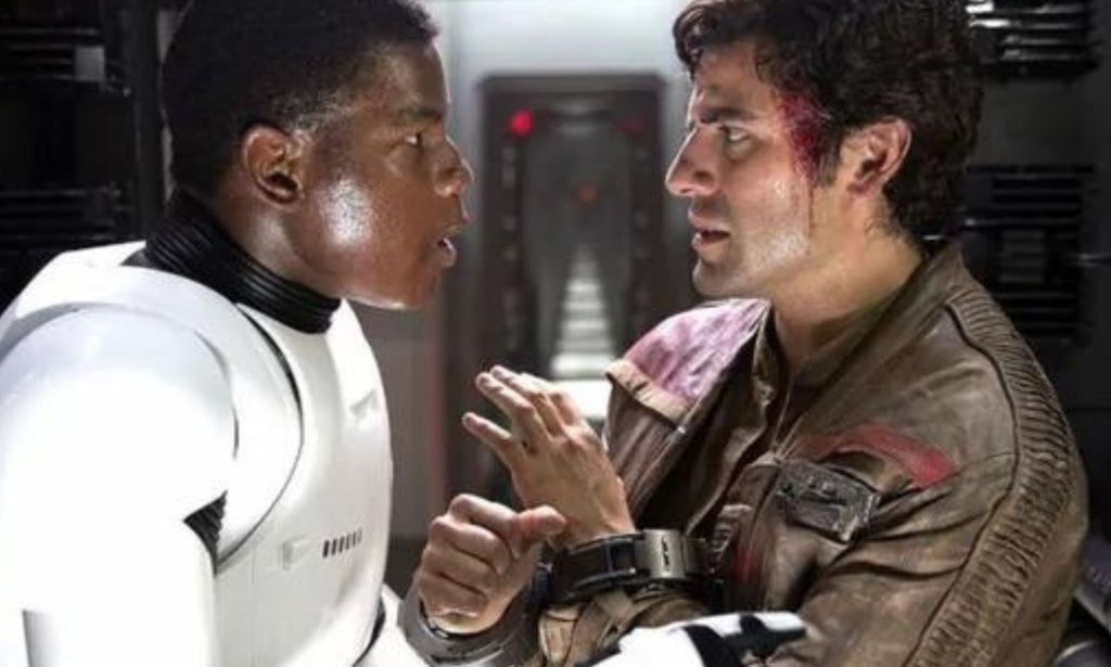 Finn and Poe on the set of Star Wars The Force Awakens.