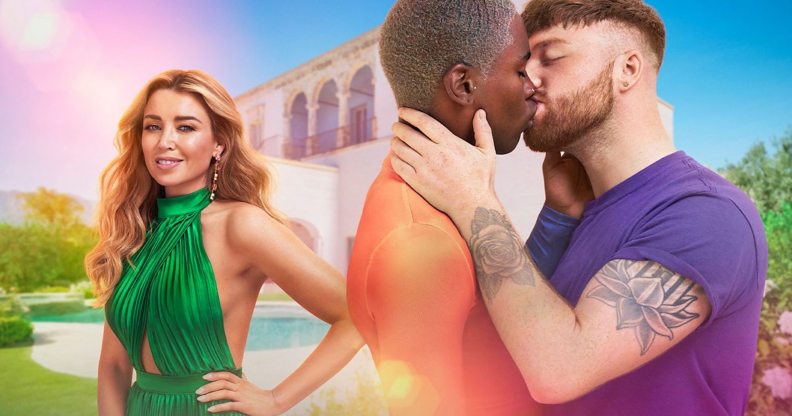 Dannii Minogue next to two boys kissing in a promotional image for BBC dating show I Kissed a Boy