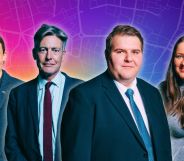 An edited image of four MPs, Mhairi Black, Ben Bradshaw, Jamie Wallis, and Angela Crawley, infront of a rainbow gradient overlayed with a road map.