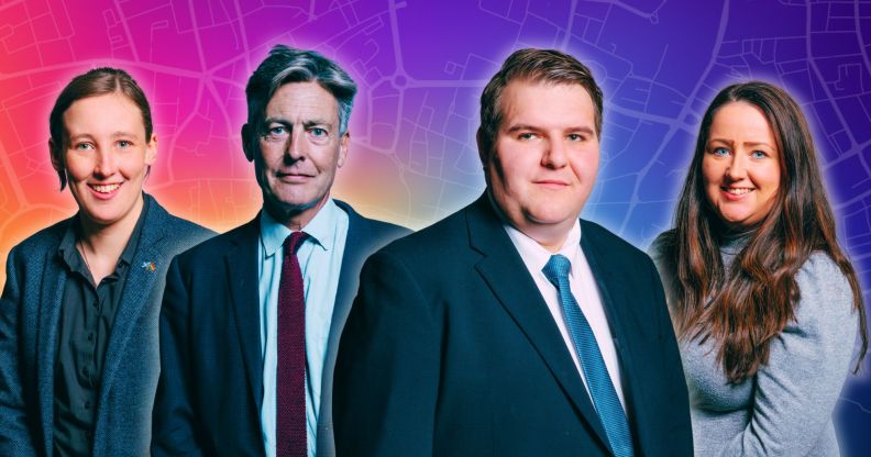 An edited image of four MPs, Mhairi Black, Ben Bradshaw, Jamie Wallis, and Angela Crawley, infront of a rainbow gradient overlayed with a road map.