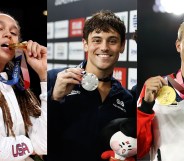 Brittney Griner, Tom Daley and Quinn with medals.