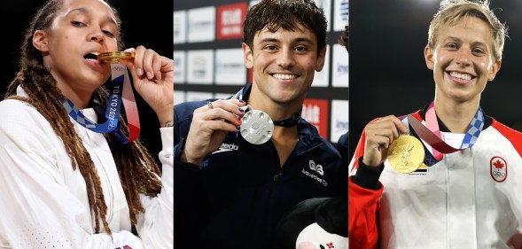 Brittney Griner, Tom Daley and Quinn with medals.