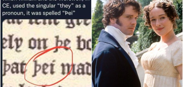 Composite image showing a section of medieval text on the left and two characters from the BBC Pride and Prejudice adaptation on the right