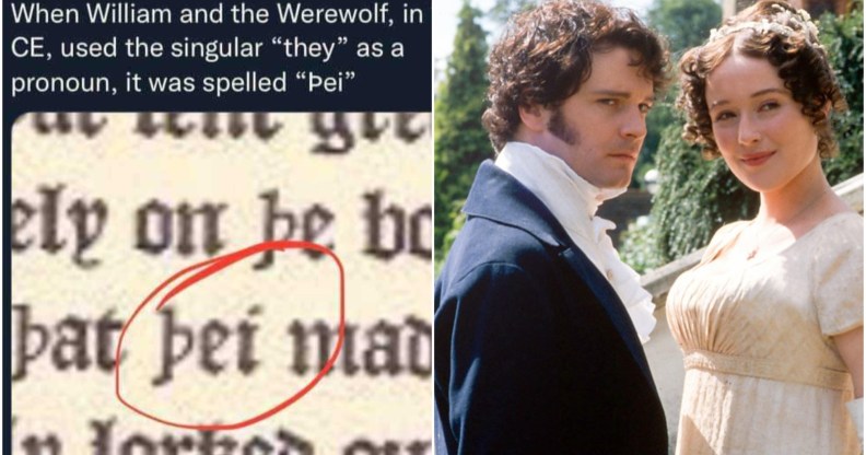 Composite image showing a section of medieval text on the left and two characters from the BBC Pride and Prejudice adaptation on the right