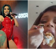 Left: Cardi B looking iconic in a red PVC leotard on stage. Right: Cardi B putting a huge mouthful of cream-covered pancakes into her mouth on Instagram