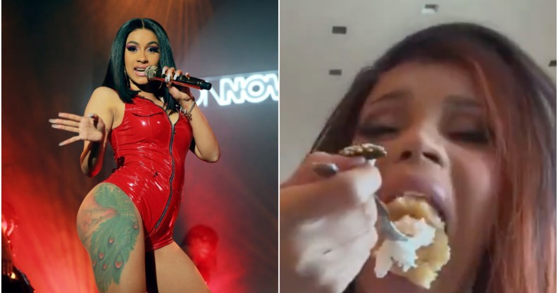 Left: Cardi B looking iconic in a red PVC leotard on stage. Right: Cardi B putting a huge mouthful of cream-covered pancakes into her mouth on Instagram