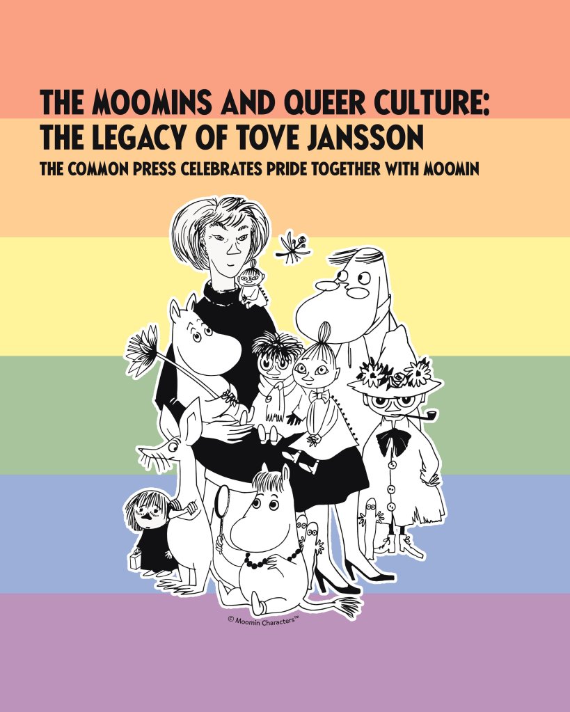 Moomin characters and sketch of Tove Jansson against a rainbow backdrop.