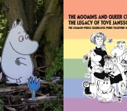 A Moomin character displayed at an outdoor exhibition and trail and Moomin characters and sketch of Tove Jansson against a rainbow backdrop.