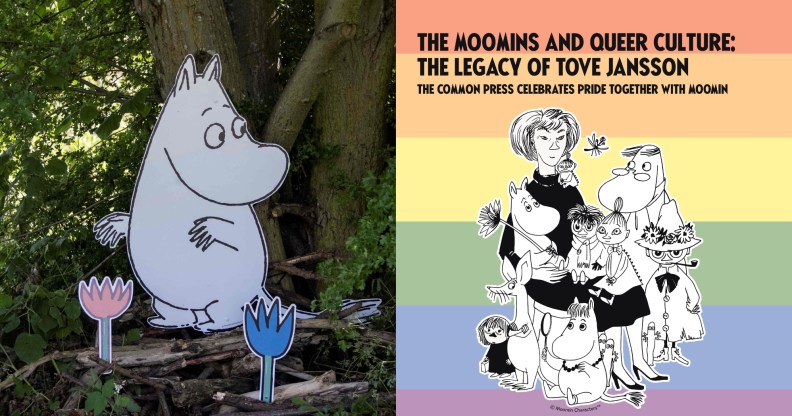 A Moomin character displayed at an outdoor exhibition and trail and Moomin characters and sketch of Tove Jansson against a rainbow backdrop.