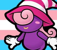 Paper Mario trans character Vivian in front of a trans flag.