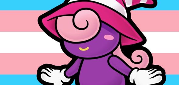 Paper Mario trans character Vivian in front of a trans flag.