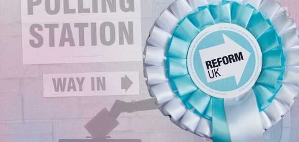 a mock up featuring a polling station card and Reform UK badge