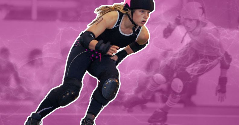 An edited image of a roller-derby competitor on top of a pink background.