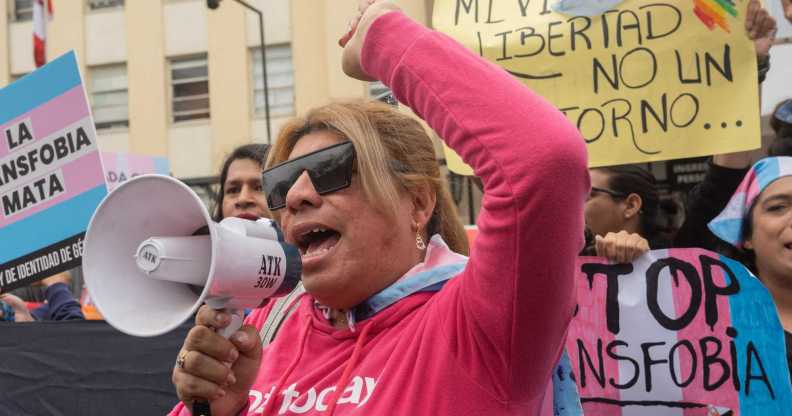 The LGBTQ+ community and its allies protests in front of Peru's health ministry on 17 May against a government decree listing 'transsexualism' as a 'mental disorder'.