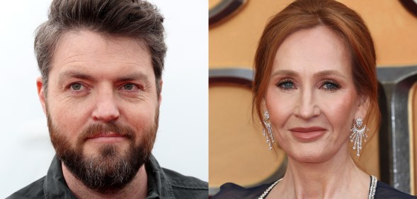 a portrait image of Tom Burke and JK Rowling
