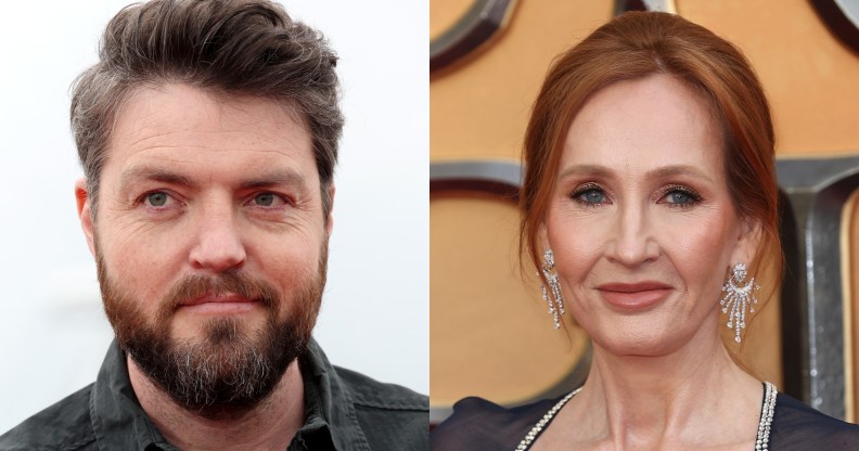 a portrait image of Tom Burke and JK Rowling