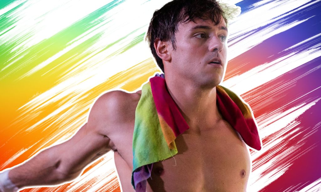 A photoshopped image of Tom Daley infront of a rainbow background.