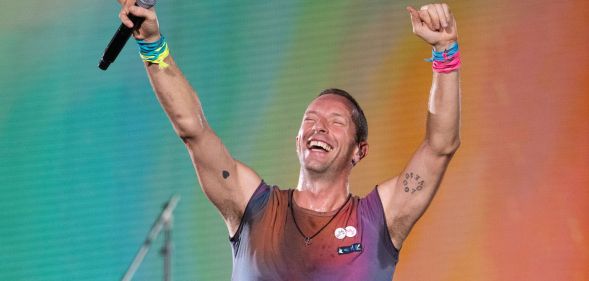 Chris Martin from Coldplay performing during the Music of the Spheres tour in Perth, Australia.