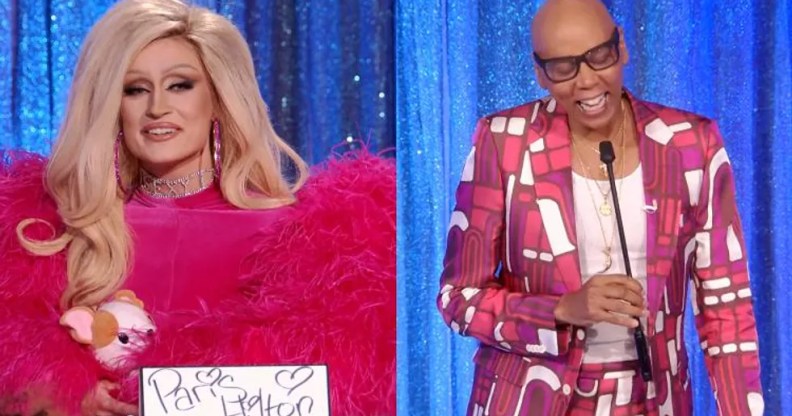 Left image shows Gottmik dressed as Paris Hilton on Snatch Game and RuPaul laughing on the right