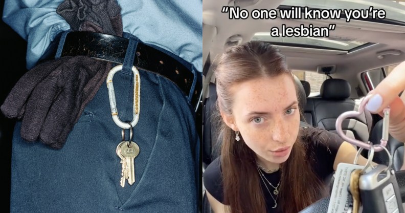 a carabiner with keys hanging from a belt buckle and a woman in a car holding up her carabiner with the text 'no one will know you're a lesbian' above.