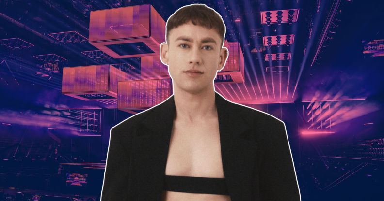 Olly Alexander's Eurovision promo image with a white border against a purple version of the Eurovision stage.