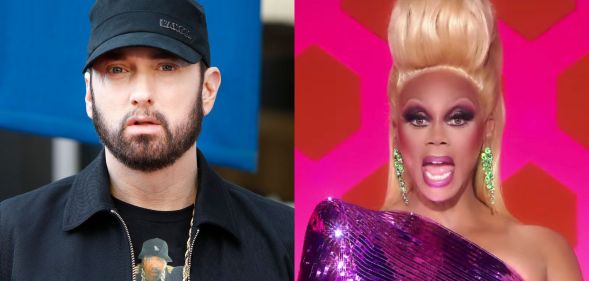 Eminem in at-shirt and jacket, black cap, and his mouth ajar. RuPaul hosting her show, RuPaul's Drag Race, with her mouth open.