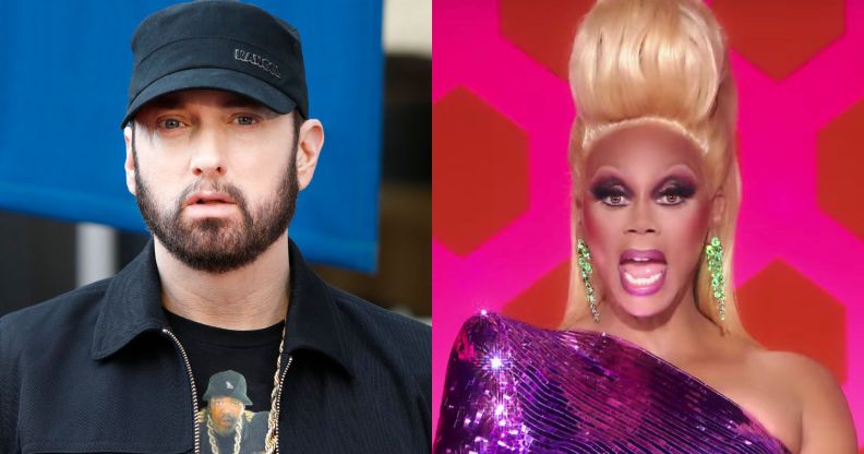Eminem in at-shirt and jacket, black cap, and his mouth ajar. RuPaul hosting her show, RuPaul's Drag Race, with her mouth open.
