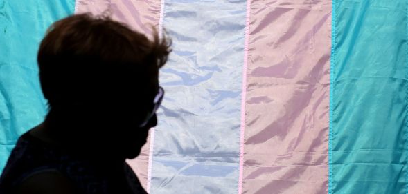 A silhouette next to a trans flag.