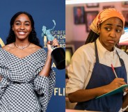 Ayo Edebiri with two SAG awards and a still on The Bear