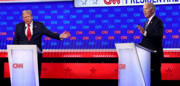 US President Joe Biden and Republican presidential candidate, former President Donald Trump participate in the CNN Presidential Debate at the CNN Studios on June 27, 2024 in Atlanta, Georgia