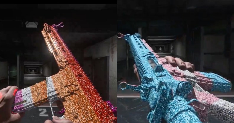 The Call of Duty Pride Month pride skins: one gun with the lesbian flag and another with the trans flag