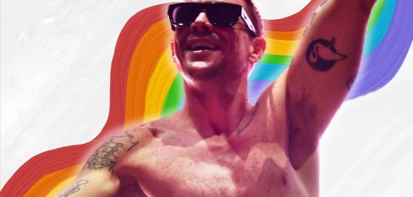 A photoshopped image of Diplo infront of a rainbow