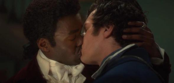 Doctor Who'a Ncuti Gatwa (left) shares a kiss with Jonathan Groff's Rogue (right)