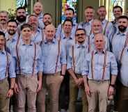 Dublin Gay Men's Chorus photographed wearing rainbow suspenders.