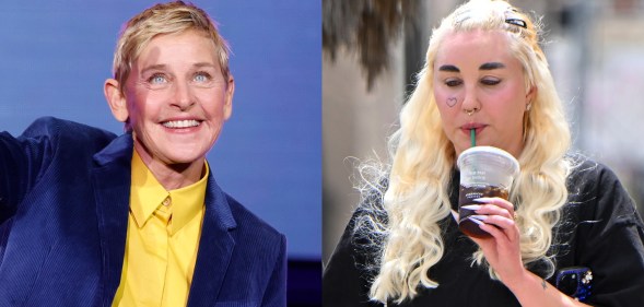 Ellen DeGeneres walks onstage with a smile and Amanda Bynes drinking starbucks in LA.