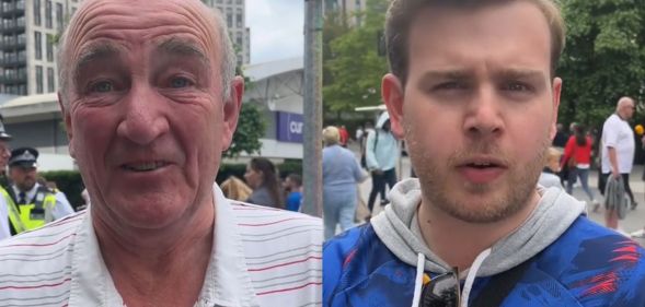 A split image of two football fans speaking into a camera.