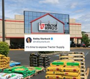 THe entrance to a tractor supply store with a tweet superimposed above it, the tweet says "It's time to expose Tractor Supply"