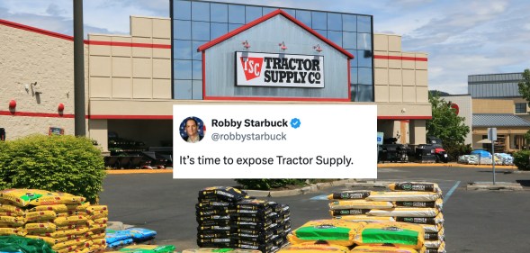 THe entrance to a tractor supply store with a tweet superimposed above it, the tweet says "It's time to expose Tractor Supply"