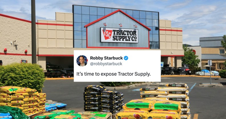 THe entrance to a tractor supply store with a tweet superimposed above it, the tweet says "It's time to expose Tractor Supply"