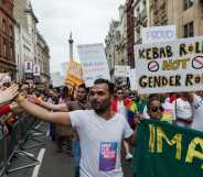Members of the Imaan Muslim LGBTQI support group take part in the Pride in London parade on 06 July, 2019 in London, England. The festival, which this year celebrates 50 years since the Stonewall Uprising, attracts hundreds of thousands of people to the streets of the British capital to celebrate the LGBT+ community. (Photo by WIktor Szymanowicz/NurPhoto via Getty Images)