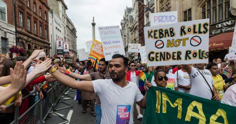 Members of the Imaan Muslim LGBTQI support group take part in the Pride in London parade on 06 July, 2019 in London, England. The festival, which this year celebrates 50 years since the Stonewall Uprising, attracts hundreds of thousands of people to the streets of the British capital to celebrate the LGBT+ community. (Photo by WIktor Szymanowicz/NurPhoto via Getty Images)