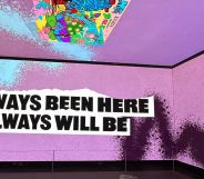 This is an image of an immersive experience. There is a purple background and text in black over white that says 'Always been here, always will be'