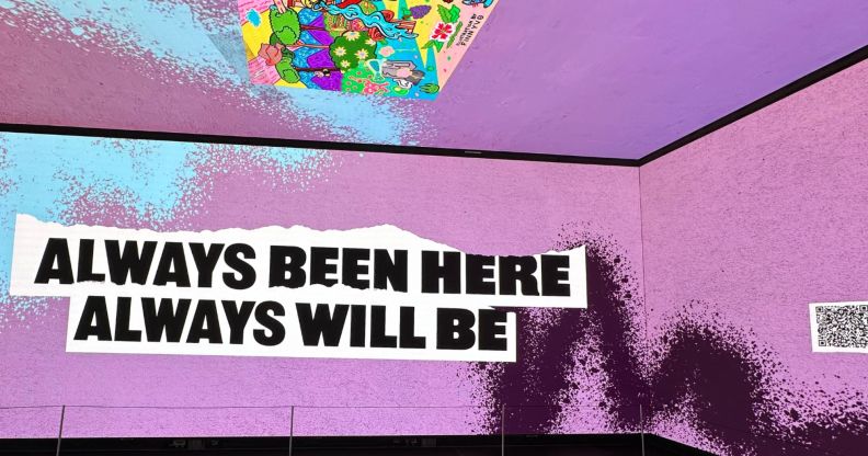 This is an image of an immersive experience. There is a purple background and text in black over white that says 'Always been here, always will be'