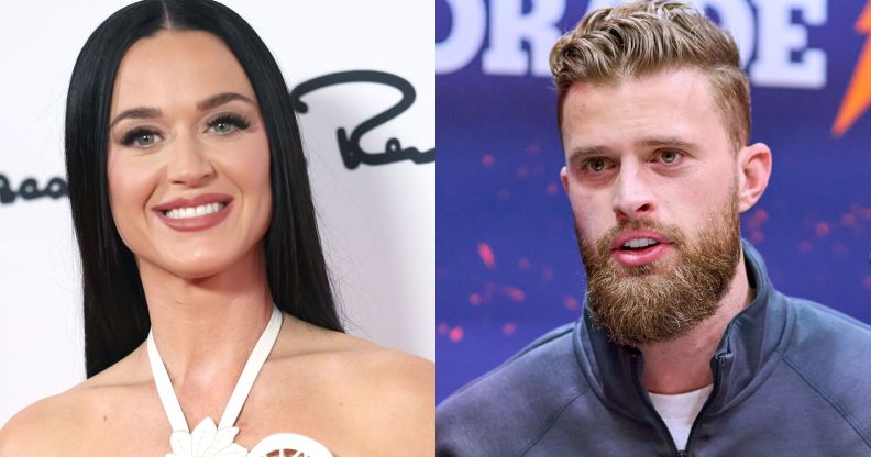 Katy Perry (left) in a white dress and smiling. Harrison Butker (right) in a blue fleece, mid speech.