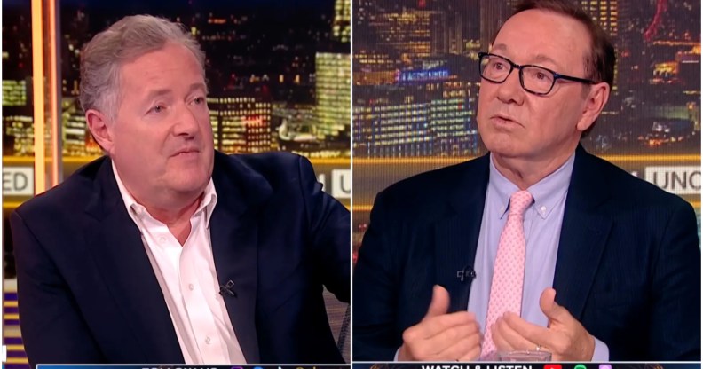 Split image with Piers Morgan on the left and Kevin Spacey on the right, both in the TV studio